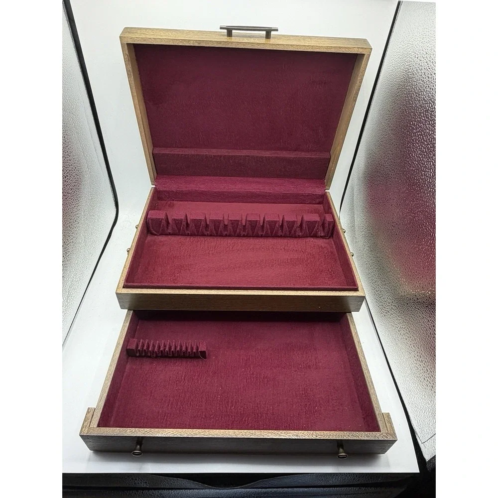 Vintage Wooden Flatware Silverware Storage Chest Box Red Lined Drawer